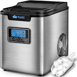 Машина для льоду tillvex, нержавіюча сталь, 12 кг/24 год, LCD-дисплей, таймер, 2,2 л, самочищення, 3 розміри льоду, срібляста