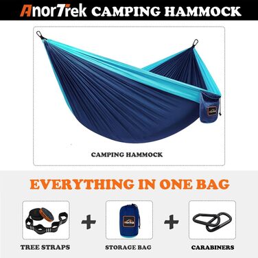 Кемпінгова гамак AnorTrek із надлегкого нейлону парашутного типу, портативна, з двома ременями для дерев, одно- або двомісна, синьо-темно-синя, 300x200 см