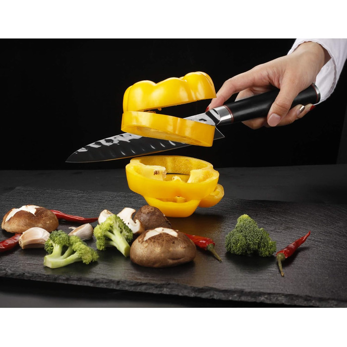 Кухонний ніж Santoku YOUSUNLONG 18 см з японської сталі AUS8, чорне титанове покриття, рукоятка з ебенового дерева