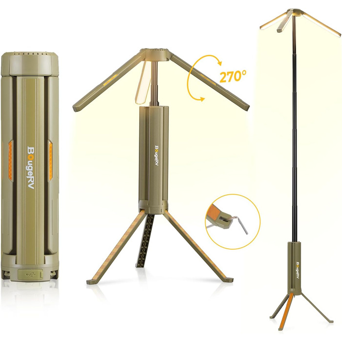 Переносна кемпінгова лампа BougeRV 15600mAh, акумуляторна, 4000 лм, IP54, регульована висота і кут, водонепроникний ліхтар для кемпінгу, подорожей і надзвичайних ситуацій