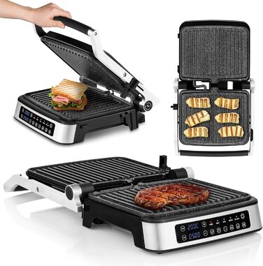 Електричний контактний гриль і сендвіч-тостер Grill Chef 2100Вт, знімні пластини, 2в1, розкладний на 180°, антипригарне покриття, піддон для жиру, звуковий сигнал, сріблястий
