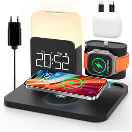 Бездротова зарядна станція 3-в-1 COLSUR для iPhone, Apple Watch, AirPods, 15W, нічна лампа з годинником, чорна
