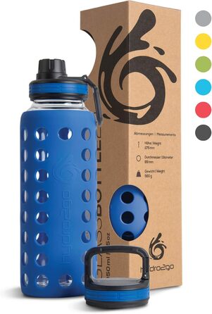 Скляна пляшка для води з силіконовим чохлом, 950 мл, герметична, BPA-free, придатна для миття в посудомийній машині, 2 змінні кришки, для офісу, спорту, фітнесу, йоги, темно-синя