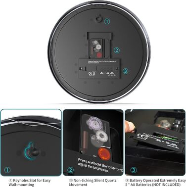 Сучасний настінний годинник KWANWA без тиканя, цифровий LCD/LED дисплей, календар, термометр, на батарейках, 30,5 см, 12-годинний формат, для кухні, спальні та офісу, сріблястий корпус, червоний LED