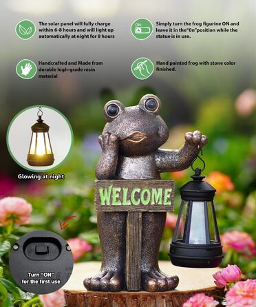 Goodeco Сонячна садова фігура жаби з табличкою Welcome, мідна, декор для тераси, балкона, двору та газону, оригінальний подарунок на новосілля для бабусі, дідуся або садівниці