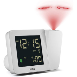 Проекційний радіо-годинник Braun BC15W-DCF з негативним LCD-дисплеєм, DCF, швидке налаштування та звуковий будильник, білий