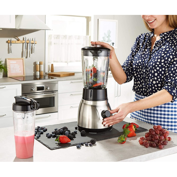 Стаціонарний блендер Russell Hobbs 2-в-1: 1,5 л скляна чаша + 0,6 л пляшка для смузі, нержавіюча сталь, подрібнення льоду, BPA Free, для коктейлів та смузі, модель 23821-56