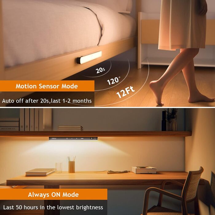 LED-підсвітка для шафи Ferswe з датчиком руху, індикатором заряду, USB-акумуляторна, тепле світло 3000K, 2 шт. Підсвітка для кухні, гардеробу, меблів