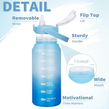 Спортивна пляшка для води 2л Tritan з трубочкою та часовою розміткою, BPA-free, мотиваційна, для фітнесу, спортзалу, туризму