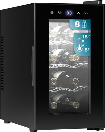 Винний шафа Cecotec Bolero GrandSommelier 830 CoolWood, термоелектрична, тиха, для 8 пляшок, налаштування температури 8-18°C, сенсорне керування, енергоефективна, чорна