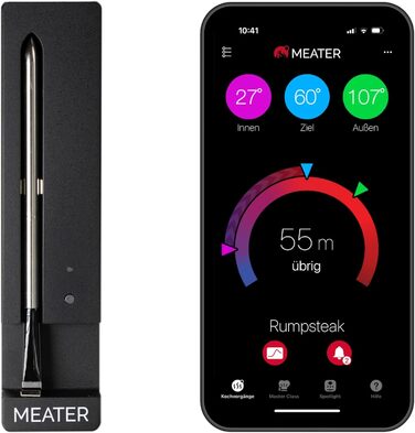 MEATER SE – Бездротовий смарт термометр для м'яса з Bluetooth, вимірюванням внутрішньої та зовнішньої температури, для BBQ, духовки, гриля, коптильні, з чорним зарядним пристроєм