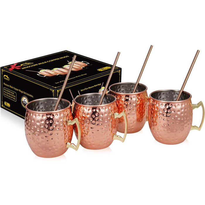 Набір мідних кухлів для Moscow Mule, 4 шт. по 550 мл з трубочками у подарунковій коробці – 100% мідь для коктейлів і охолоджених напоїв