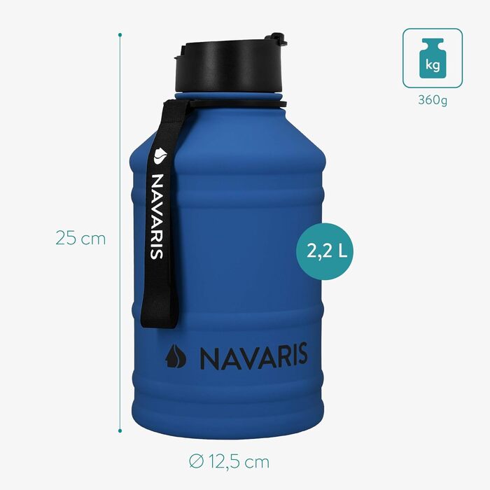 Navaris спортивна пляшка для води 2,2 л з нержавіючої сталі, BPA Free, синя, для тренувань, спортзалу, велика місткість