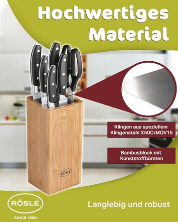 Набір кухонних ножів RÖSLE CUISINE, 7 предметів: блок з бамбука, 5 гострих ножів із спеціальної сталі та кухонні ножиці з захистом для пальців