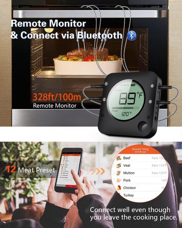 Бездротовий Bluetooth термометр для гриля BFOUR 100м з 4 нержавіючими зондами, великим LCD-дисплеєм, для м'яса, гриля, коптильні, духовки та BBQ