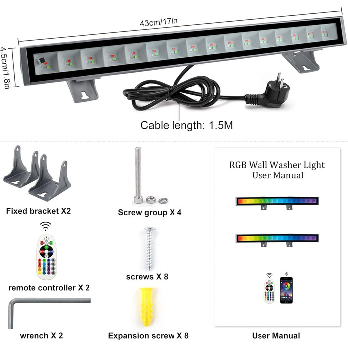 RGB LED прожектор 48Вт, настінний світильник-бар, IP66, водонепроникний, керування через пульт і додаток, для вулиці та приміщень, підсвічування дерев, вечірок, саду