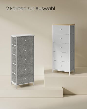 Комод SONGMICS з 5 тканинними шухлядами, металевий каркас, вузький, біло-дубовий, 29,8x45x112,3 см