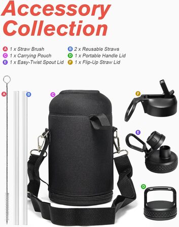 Термос пляшка для води Coolflask 2 л з трубочкою та 3 кришками, ізольована сталева спортивна пляшка з подвійною вакуумною ізоляцією, не протікає, чорна для спорту та офісу