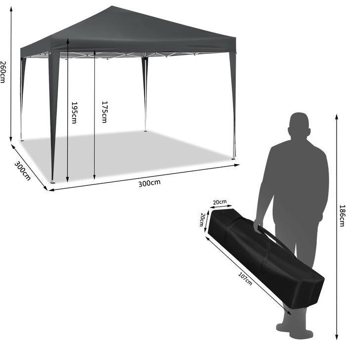 WOLTU павільйон-тент Pop-Up, водонепроникний, складний, 3x3 м, металевий каркас, оксфорд, для саду, тераси, кемпінгу, фестивалю, антрацит