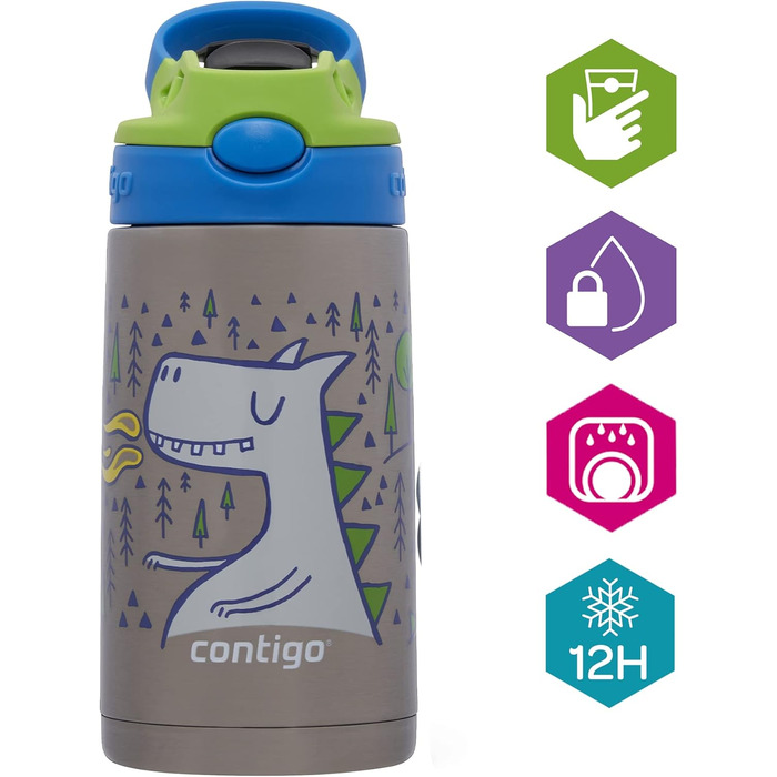 Дитяча пляшка для води Contigo Easy Clean Autospout з трубочкою, нержавіюча сталь, без BPA, 100% герметична, легке очищення, 420 мл, для школи, садка, спорту (Matcha Dragon)