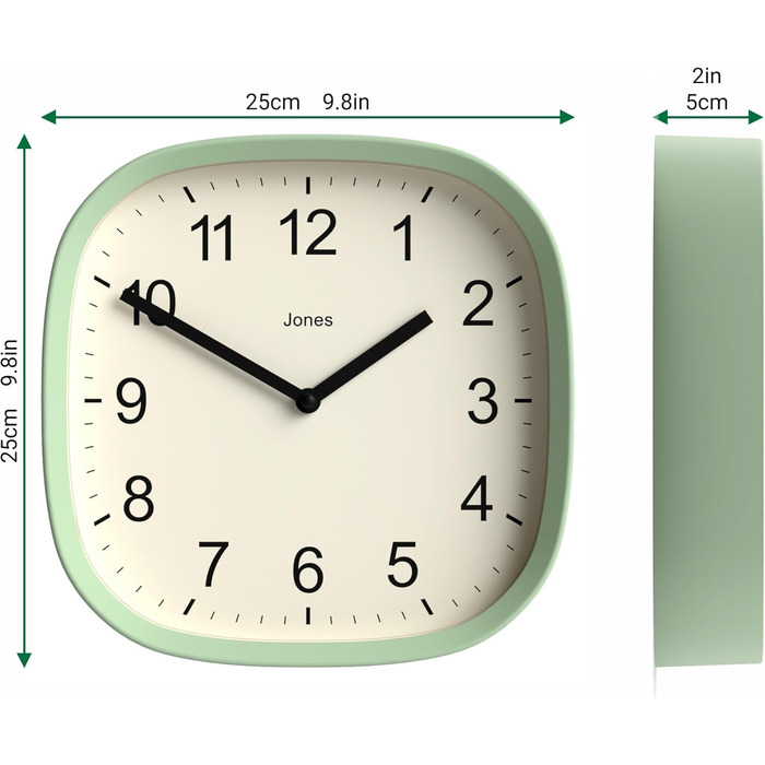 Квадратний ретро настінний годинник JONES CLOCKS Sprite, м'ятний, акрил, 25x25 см