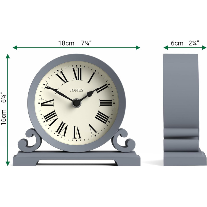 Декоративний настільний годинник JONES CLOCKS Saloon з римськими цифрами, класичний стиль, подвійний скрол, для столу, полиці чи тумбочки, французький морський синій