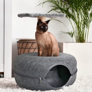 Lucky Sign – Котяча печера-тунель з фетру, багатофункціональне ліжко для котів, диван-іграшка, затишний кошик та подушка для кішки, 50x50x20 см, темно-сірий