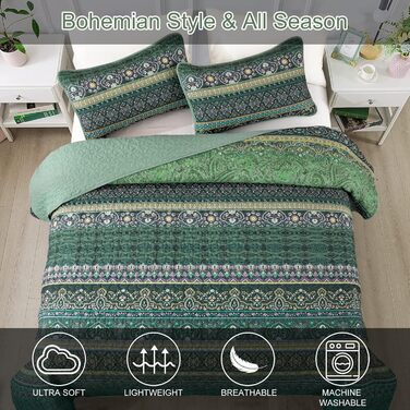 Покривало WONGS BEDDING 220x240 см, стьобане, комплект 3 шт. для двоспального ліжка, мікрофібра, у стилі бохо, темно-зелене, з 2 наволочками 50x70 см, для спальні чи дивану