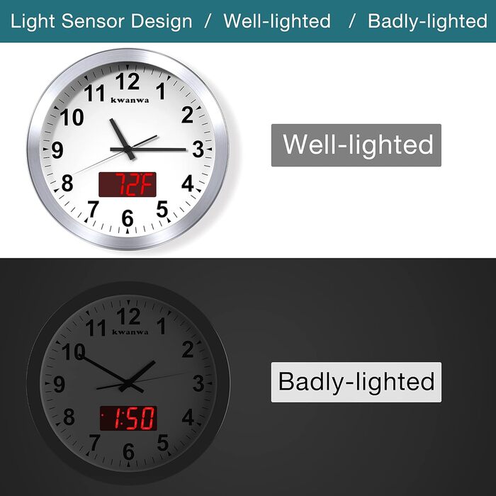 Сучасний настінний годинник KWANWA без тиканя, цифровий LCD/LED дисплей, календар, термометр, на батарейках, 30,5 см, 12-годинний формат, для кухні, спальні та офісу, сріблястий корпус, червоний LED