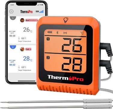 Кухонний термометр ThermoPro TP25H2 з Bluetooth, таймером і сигналом, 150 м – термометр для м'яса, гриля, духовки
