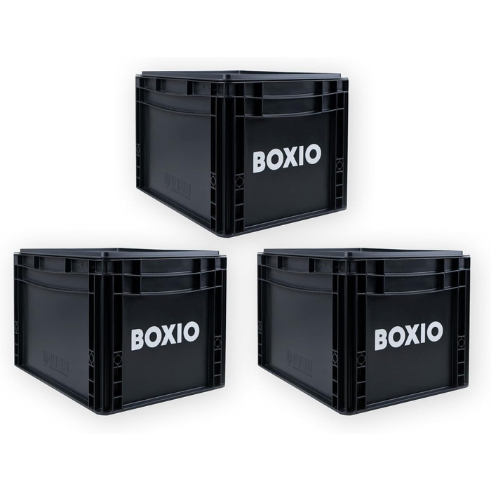 Пластикова ящик BOXIO SOLO з кришкою 40x30x28 см – Євробокс для зберігання, транспортування, кемпінгу, човна, підвалу чи саду, штабельований, набір 3 шт.