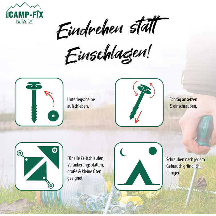 PARCO Camp-FIX Набір універсальних гвинтових кілків для намету, 16 шт, різні розміри, пластикові шайби, викрутка – аксесуари для кемпінгу