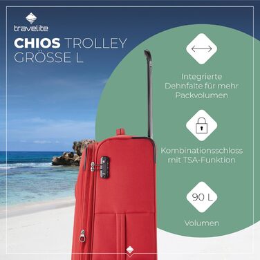 Валіза Travelite Chios L на 4 колесах, м'який корпус, з розширенням і захистом кутів, червона, 78 см, 90-97 л