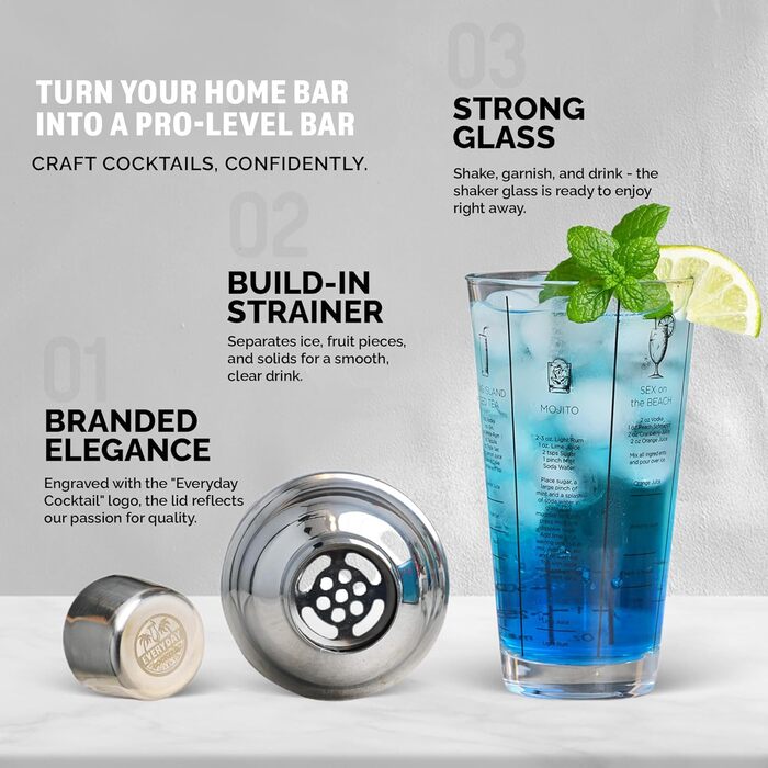 EVERYDAY COCKTAIL професійний скляний шейкер для коктейлів 400 мл, мартіні, з рецептами, прозорий барний шейкер з мірною шкалою та вбудованим ситом