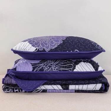 Покривало WONGS BEDDING 220x240 см, лілове, квітковий принт, мікрофібра, літнє стьобане покривало для двоспального ліжка + 2 наволочки 50x75 см