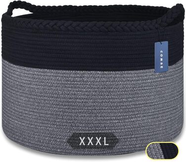 Великий плетений кошик для білизни COMSE 55x35 см, чорний/сірий, бавовняний, для іграшок, одягу, рушників, дитячої кімнати, вітальні