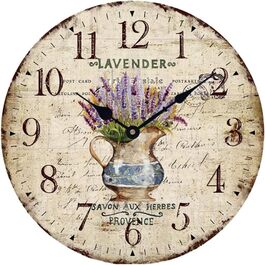Стіна годинник YOAI кухонний вінтажний Shabby Chic, антикварний стиль, рустикальний, кварцовий, безшумний механізм, 30 см, MDF, лаванда в горщику