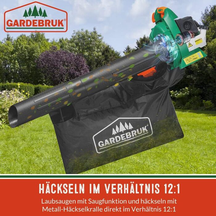 Бензиновий садовий пилосос 4-в-1 GARDEBRUK: повітродув, подрібнювач, збірник листя, швидкість 68 м/с, мішок 45 л, інструменти в комплекті
