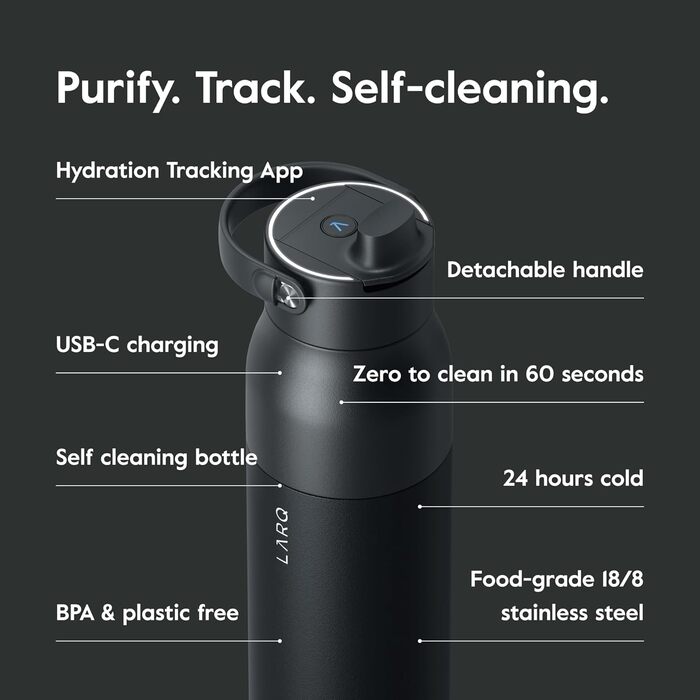 LARQ Bottle PureVis 2 680 мл – Самоочищувальна пляшка для води з UV-C LED та додатком для контролю рідини, подвійна ізоляція, нержавіюча сталь, багаторазова, 2 роки гарантії, Obsidian Black