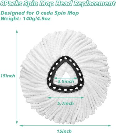 Набір із 8 змінних насадок для швабри Spin Mop, 100% мікрофібра, трикутна, універсальна, для прибирання підлоги