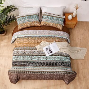 Покривало WONGS BEDDING 220x240 см Boho, стьобане, мікрофібра, 3 предмети: покривало та 2 наволочки 50x70, для двоспального ліжка, коричневе, для спальні чи дивана