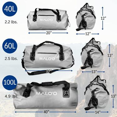 Водонепроникна сумка Malo'o Rolltop Duffel 40/60/100 л для спорту, кемпінгу, риболовлі, каякінгу, плавання, пляжу, з внутрішніми і зовнішніми кишенями