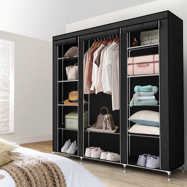 Тканинна шафа INTIRILIFE 150x175x45 см, чорна, з блискавкою, полицями, вішалкою і бічною кишенею – складана шафа для одягу, кемпінгу, гардеробу