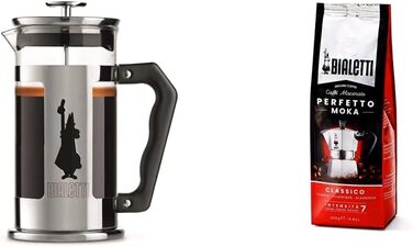 Френч-прес Bialetti Preziosa 350 мл, нержавіюча сталь, боросилікатне скло, для кави та чаю, набір із меленою кавою