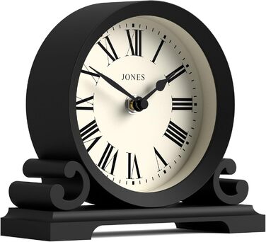 Декоративний настільний годинник JONES CLOCKS Saloon, класичний стиль, чорний, римські цифри, подвійний сувій, для письмового столу, полиці чи тумбочки