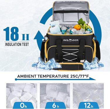 Велика ізотермічна сумка-холодильник INSMEER 45 л, складна, для напоїв та продуктів, місткість 55 банок, герметична, з відкривачкою, для пікніка, кемпінгу, пляжу, жовта
