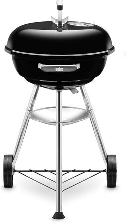 Вугільний гриль Weber Compact Kettle 47 см, порцелянове покриття, на тринозі з колесами, хромована решітка, чорний