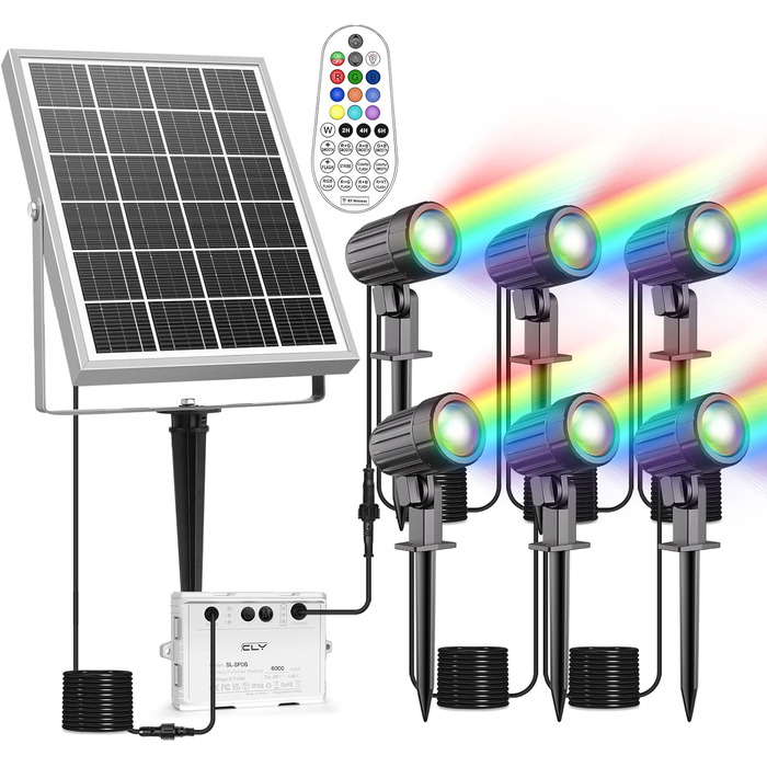 Сонячні садові RGB світильники CLY з пультом, IP66, 10 кольорів, 30 режимів, таймер, водонепроникні, для вулиці, декору та саду, 6 шт.