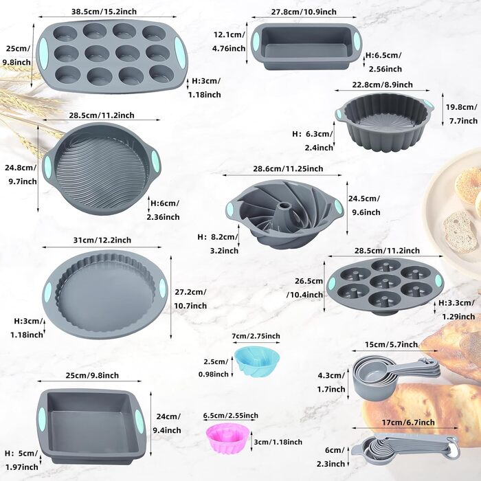 Набір силіконових форм для випічки 49 шт, BPA Free, антипригарні форми для торта, хліба та кексів, мірні чаші і ложки, світло-сірий