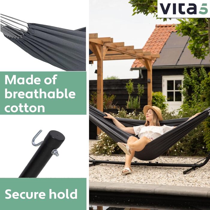 Гамак Vita5 з каркасом для двох, подвійний гамак для вулиці та дому, з сумкою, 200 кг, сірий, для саду, балкону, тераси